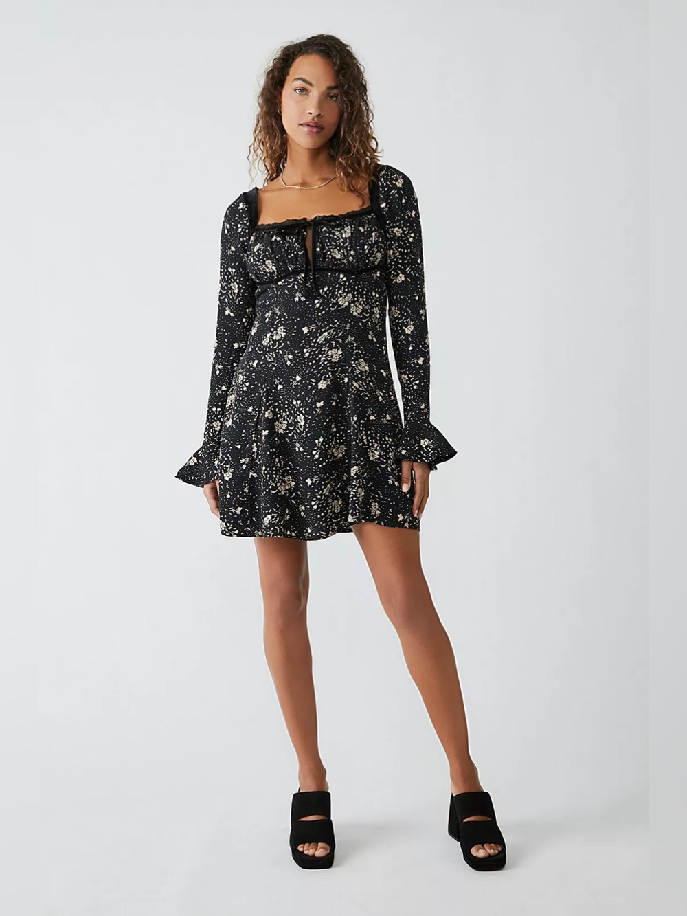 Free People Long Bell Sleeve Princess Neckline Velvet Lace Bow Tess Mini Dress